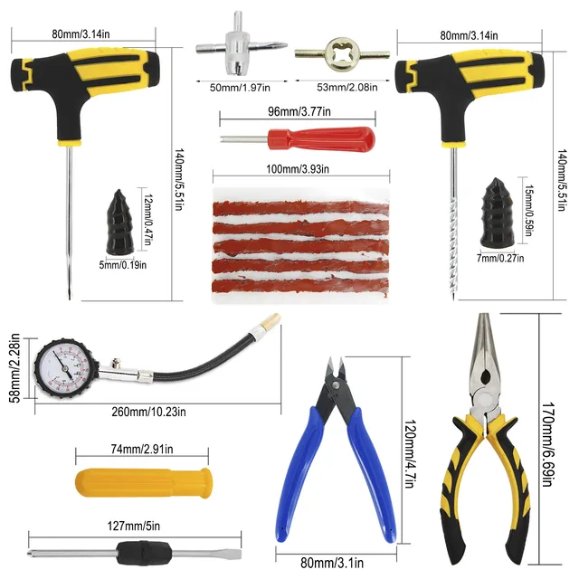 Car Tire Repair Tool Kit Studding Set Auto Bike Puncture Plug Garage Needle Nose Pliers Vacuum Film Nail Screws W/ Storage Case 2