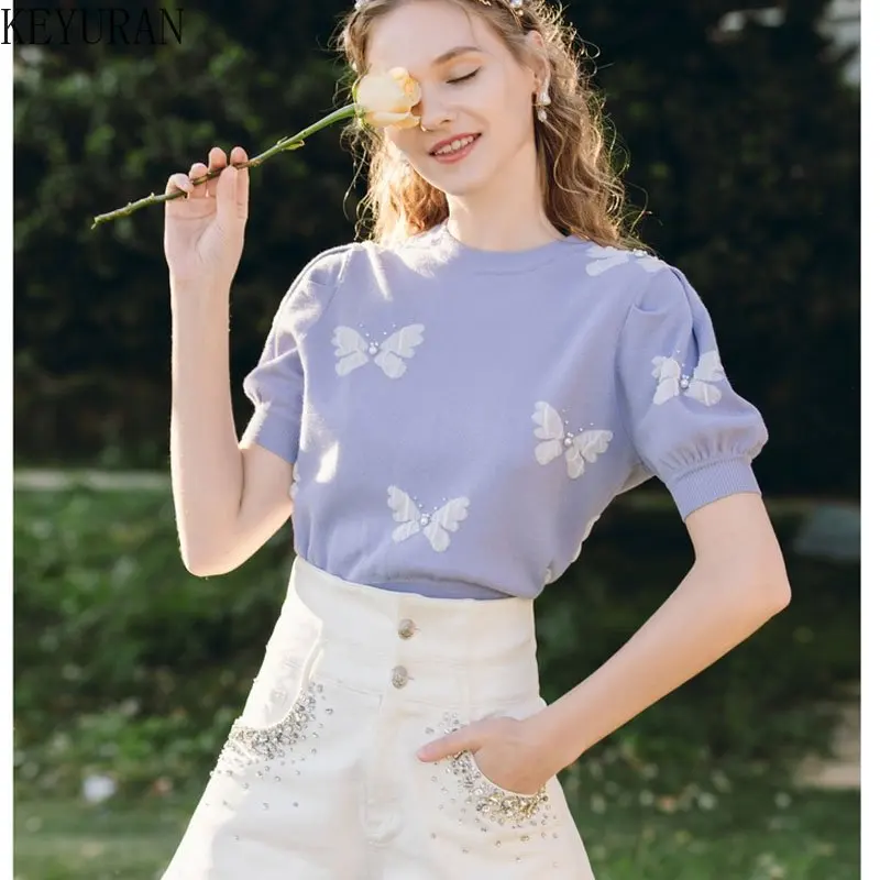 

Knitted T-Shirt Women 2023 Summer New Sweet Beading Butterfly Jacquard Puff Short Sleeve Sweater O-Neck Purple Knitwear Tops Tee
