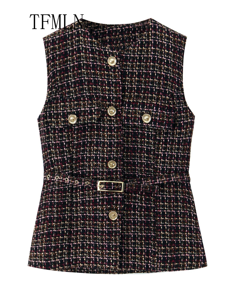 Fashion Women Sleeveless Tweed Texture Vest Casual Slim Waistcoat Women Button Pockets With Belt Chic Top Single Breasted Coats