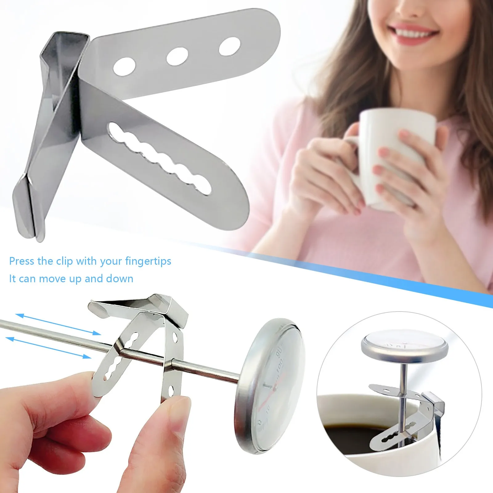 Thermometer Holder Heat-Resisting Stainless Steel Universal Secur Coffee Cup Clip Probe Clamp for Restaurant Picnic Kitchen