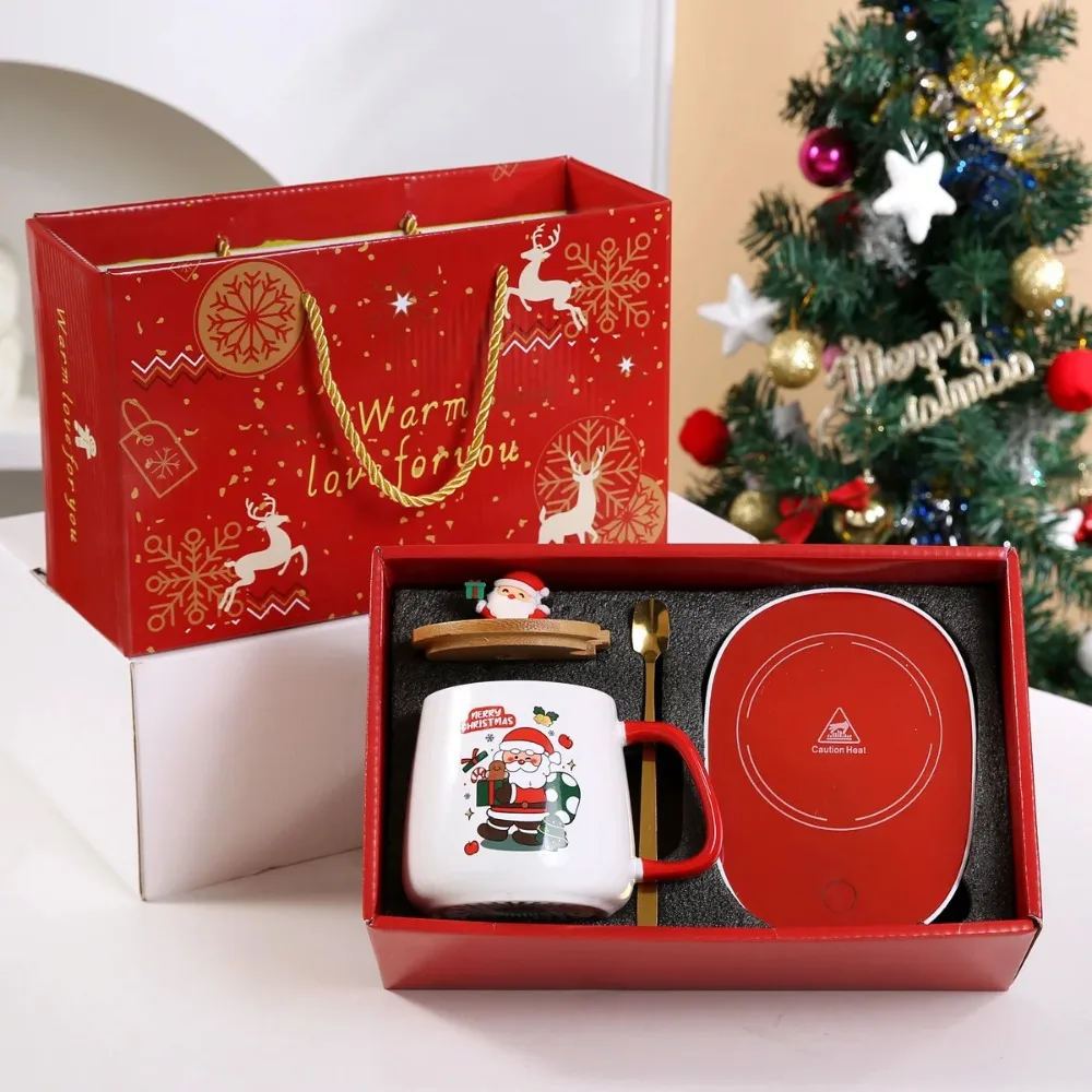 Ceramic Mug Christmas Gift Set Warm 55℃ Ceramic Mug with Lid featuring Santa Claus for Office or Home Use