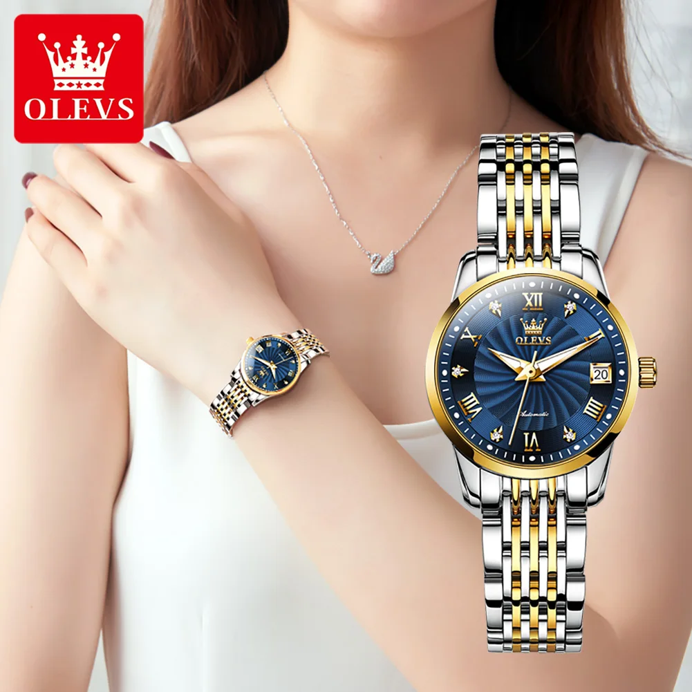 OLEVS New Watches for Women Automatic Movement Mechanical Female Wristwatch Luxury Stainless Steel Elegant Women's Watches Reloj