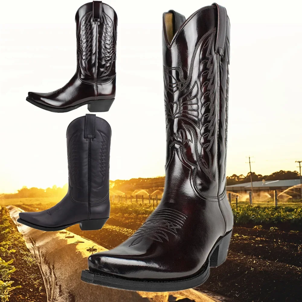 Pointed Toe Western Cowboy Boots Men Autumn Waterproof Plus Size Platform Boots Non-slip Walking Shoes Sapatos Para Hombre