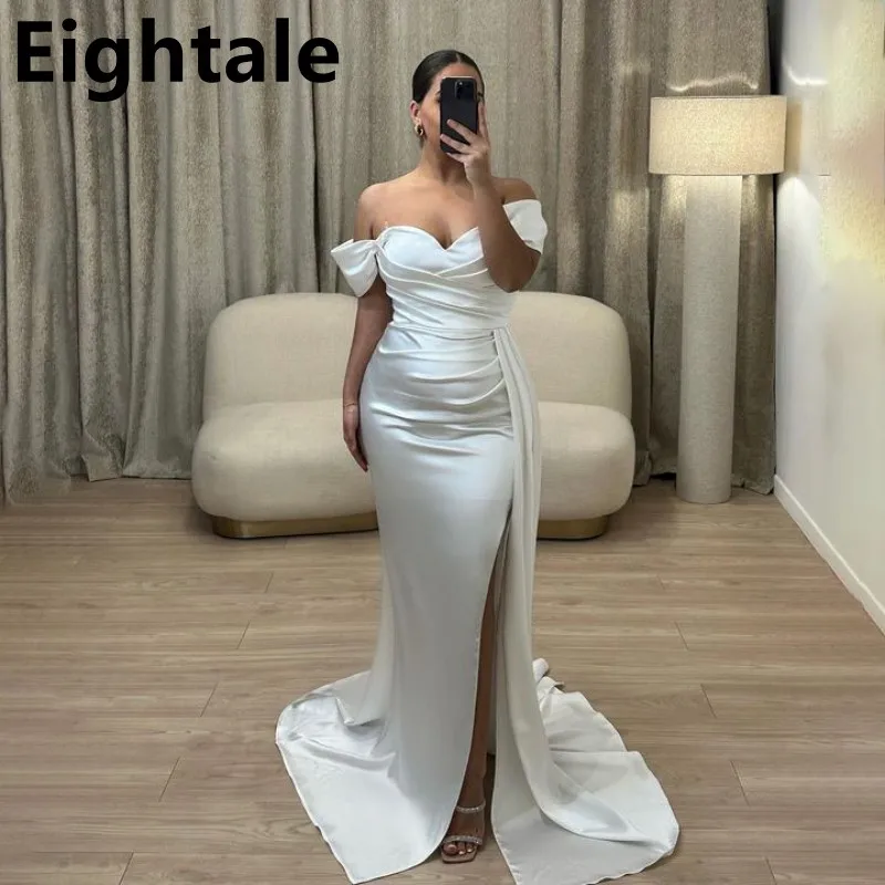 

Eightale 2023 Off Shoulder Pleated Satin White Mermaid Evening Dress Sexy Slit Prom Dress For Wedding Party Vestidos de gala
