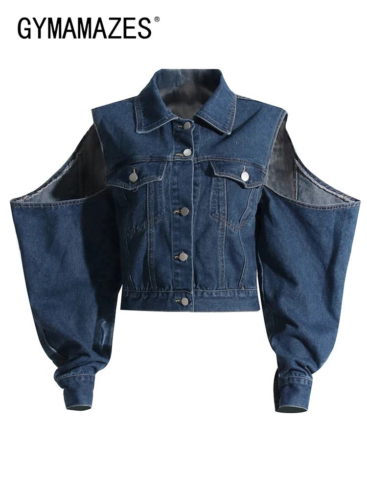 

GYMAMAZES Patchwork Single Breasted Denim Coat For Women Lapel Cold Shoulder Long Sleeves Minimalist Coats Female Fashion 2023
