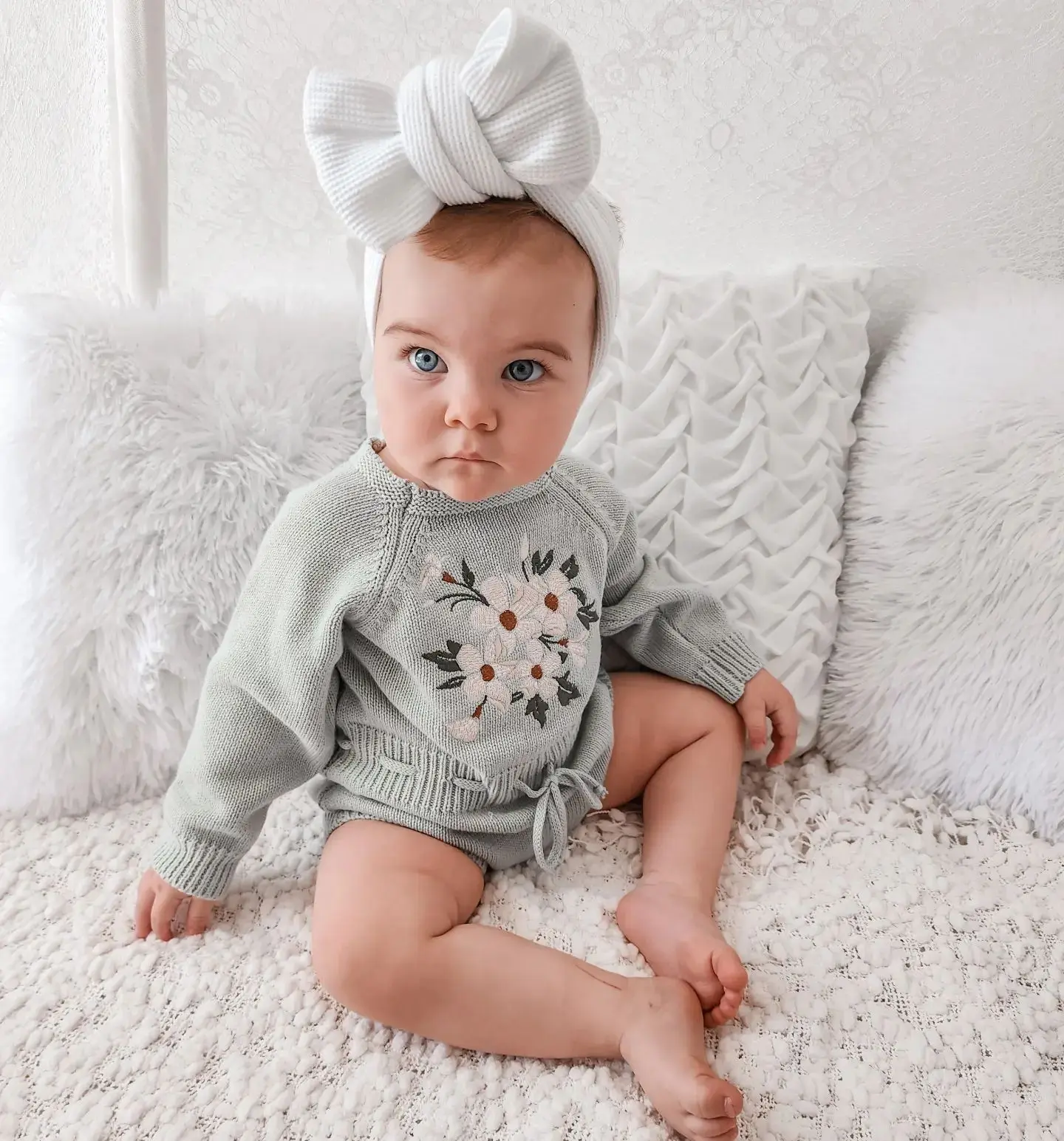 Baby Girls Sweater Embroidery Floral Baby Girls Sweater Romper Newborn Long Sleeve Knit Clothes Drawstring Princess Knitwear Winter Fall Jumpsuit
