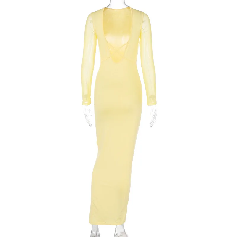 Vestido largo de malla con encaje y aberturas - Elegante vestido de fiesta con escote en V y banda elástica
