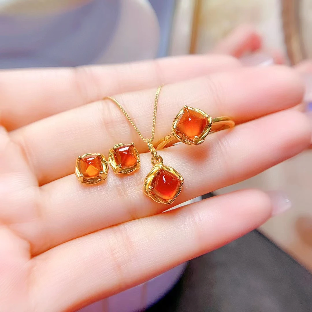 

MeiBaPJ Natural Sugar Tower Fanda Garnet Trendy Jewelry Set for Women Real 925 Sterling Silver Charm Fine Wedding Jewelry