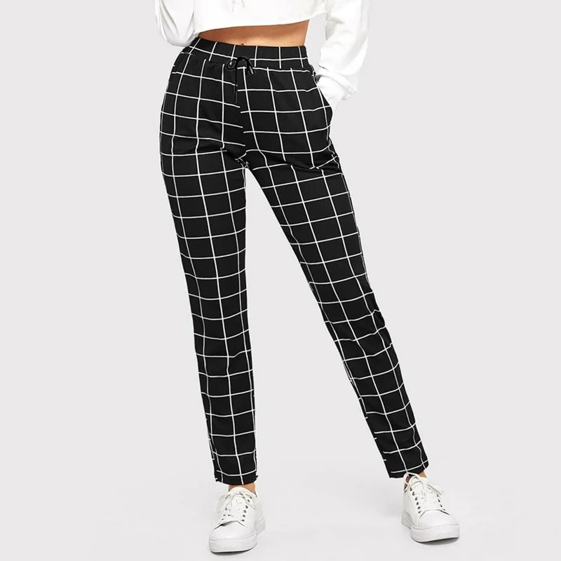 набор spring time полотенце формочки для печенья  Spring Women Black Plaid Printing Casual Skinny Pants Female Fitness Legging Pocket Leisure Time Pencil Pant Lady Trousers