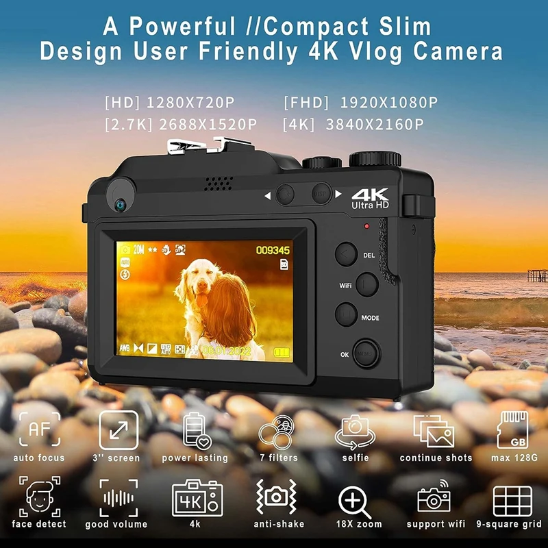 3In IPS Screen Digital Camera HD Digital Camera For Photography, Dual Cam Front And Rear With Autofocus Face Detect