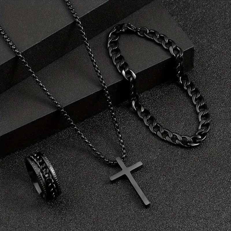 3pcs/set Punk Black Cross Pendant Necklace Thick Chain Bracelet Ring Fashion Jewelry Sets Men For Autumn