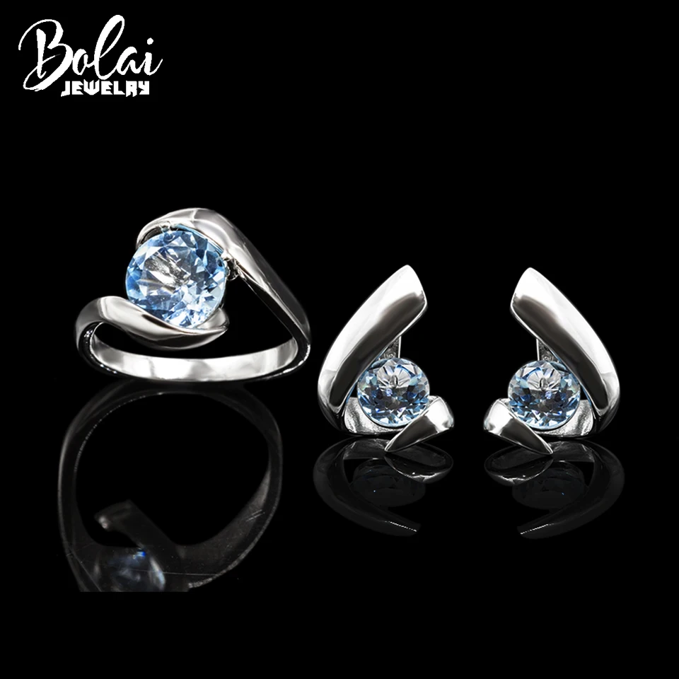 

Bolai 925 Sterling Silver Natural Blue Topaz Jewelry Sets Kits Round 9.0mm Earrings Ring Gemstone for Woman Wife Party Gift 2022