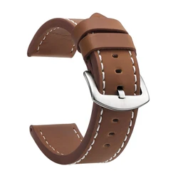 Vintage Leather Sport Watch Band with Stainless Steel Buckle - 24mm (Brown White Silver)