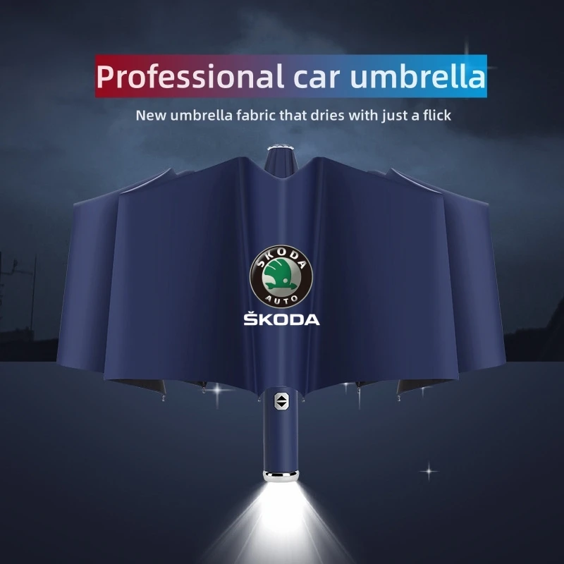 Umbrella Sets Fully Automatic Folding Umbrella UV Blocking Sun Double Bones LED Parasol For Skoda Octavia 2 3 Fabia Superb Kamiq Kodiaq R