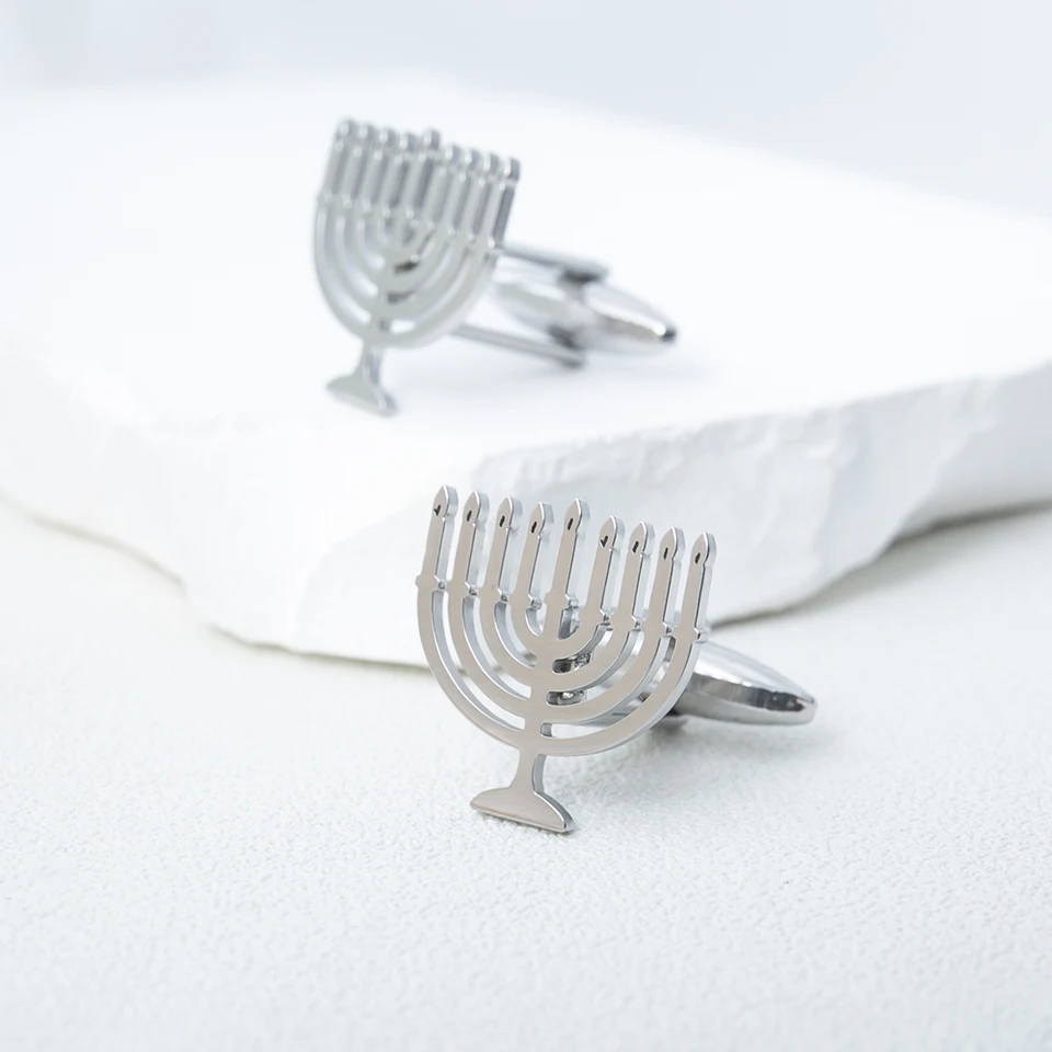 Boutons De Manchette Menorah Pour Homme - Acier Inox, Motif Hanoukka - Cadeau Juif élégant