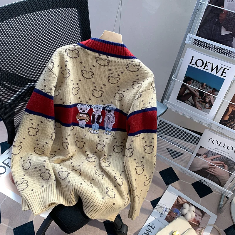 

Autumn Winter Sweater Striped Oversized Knitted Cardigans Bear Embroidered Women's Coats Vintage Loose Knitted Jackets