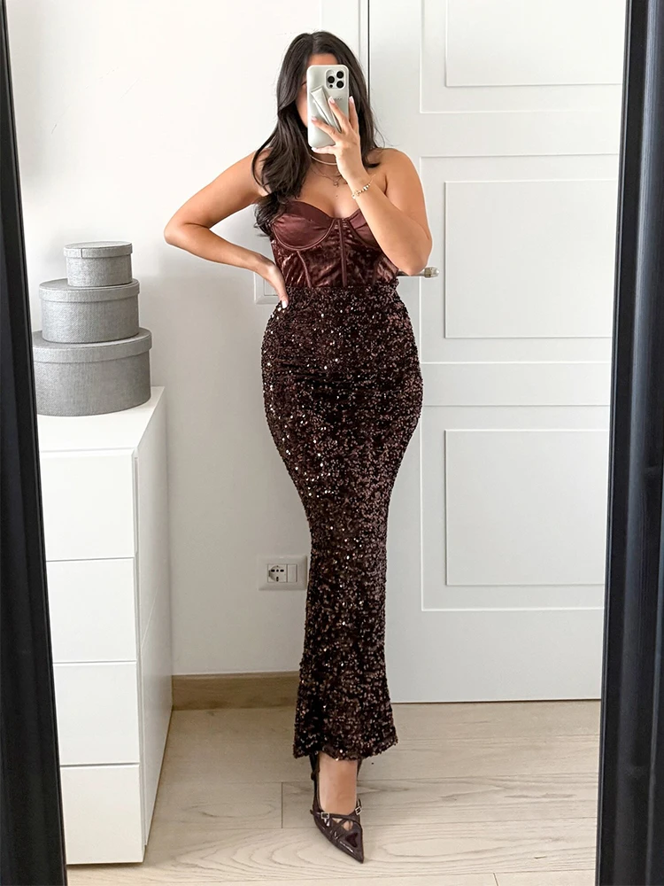 Women Sequin Midi Skirt Elegant Long Skirts 2026 New Fashion Shining Lady Spring Summer Evening Party Skirts ﻿Mujer