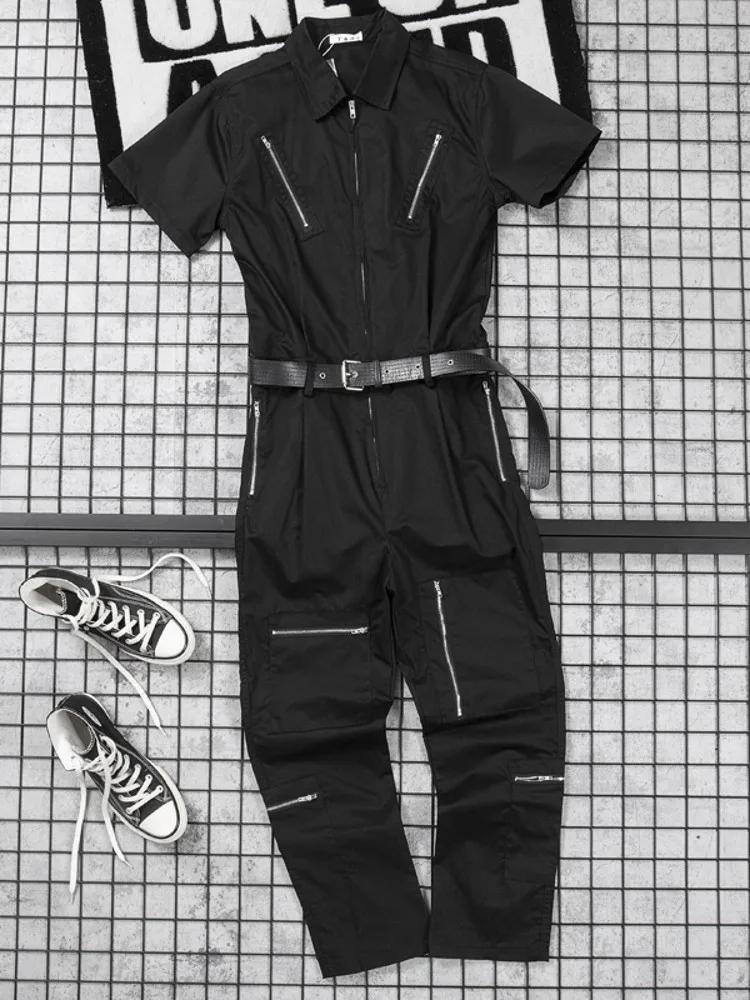 Overalls Set Men Lovers Cargo High Street Solid Color Loose Full Sleeve Zipper Straight Pants M-2XL
