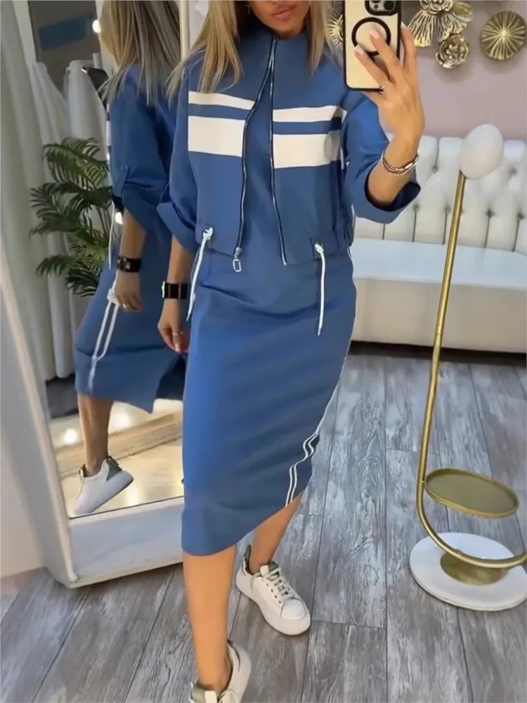 ตัวเลือกสินค้า ชุดแฟชั่น 2 ชิ้น เสื้อสเวตเตอร์คลุมสะโพก + แจ็คเก็ตซิป ผู้หญิง