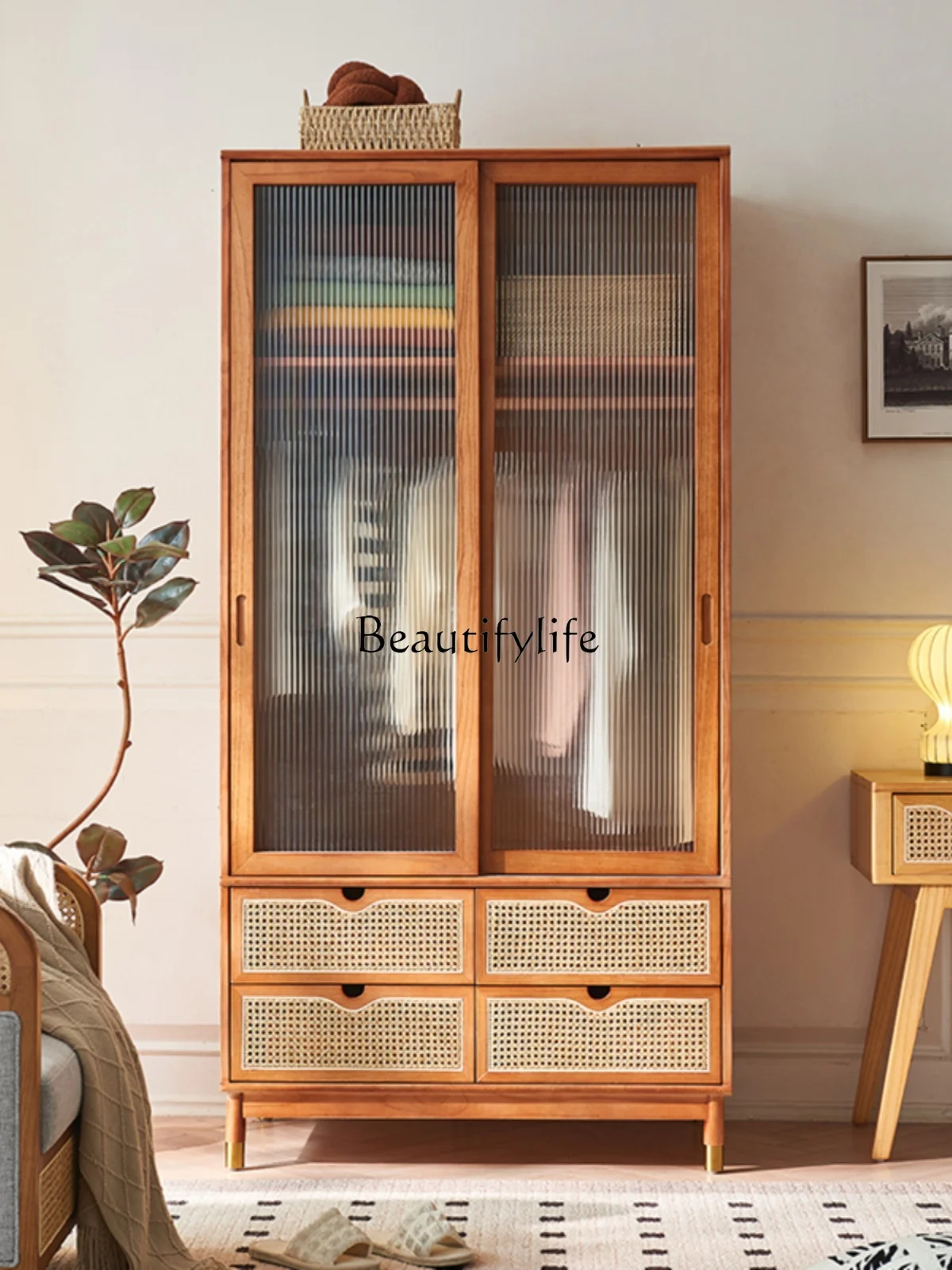 

Solid Wood Nordic Simple Bedroom Large Capacity Rattan Wardrobe