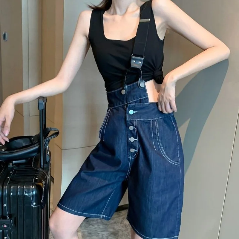 Ladies Summer One-shoulder Denim Overalls Knee-length Denim Trousers Loose One-shoulder Streetwear Overall Causal Jumpsuit ladies hot rhinestone denim overalls amoi loose thinning hole nine points harlan wide leg jumpsuit mom jeans cargo pants women