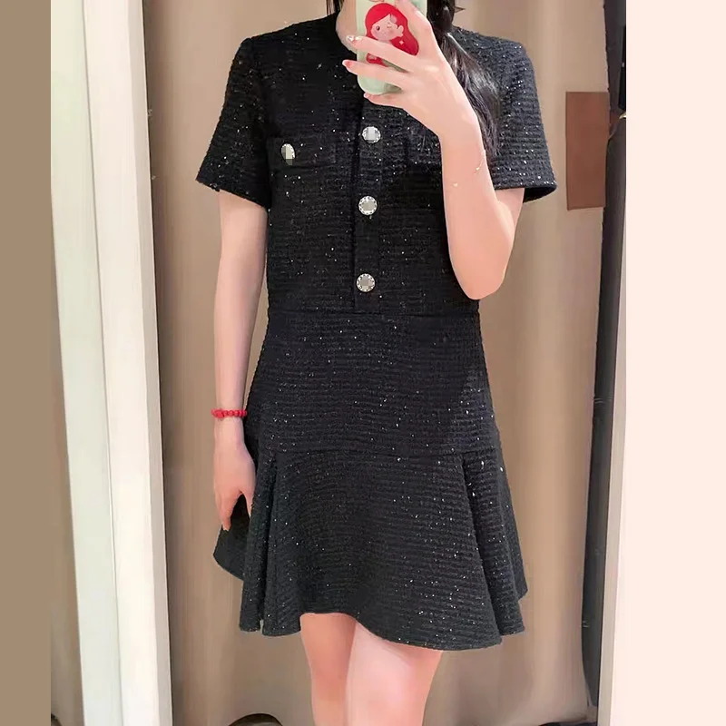 

Women O-neck Short Sleeve Dress Flounce Buttons Decoration Summer New Tweed OL Mini Robe