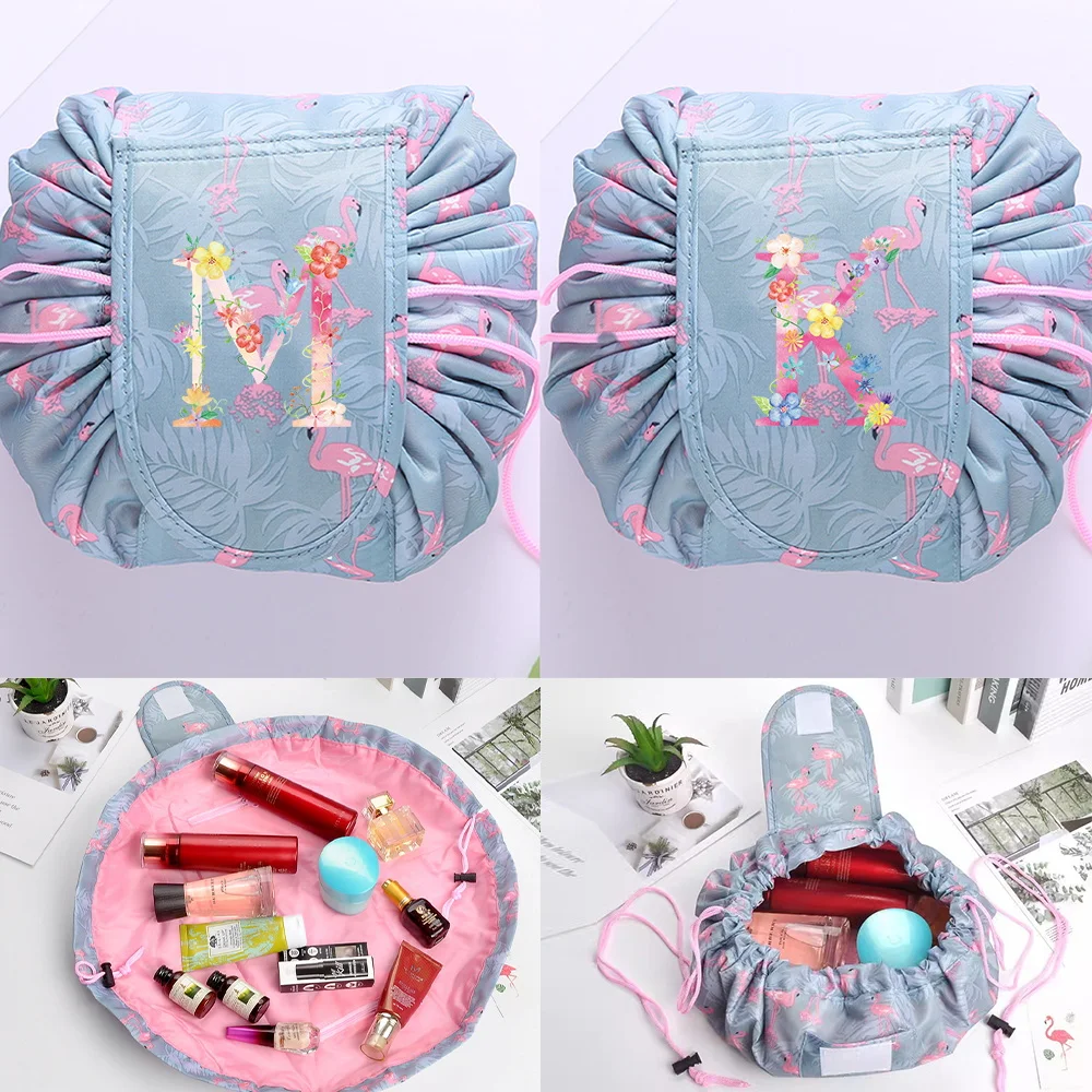 

Женская косметичка, женская сумка на шнурке для туалетных принадлежностей, дорожная косметичка, органайзер с фламинго, красота, фотография, серия с розовыми буквами