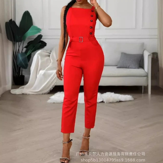 Commuting Style Jumpsuits for Women New Casual Solid Color Sleeveless Pocket Women One Pieces Bodysuit Summer Elegant Jumpsuit