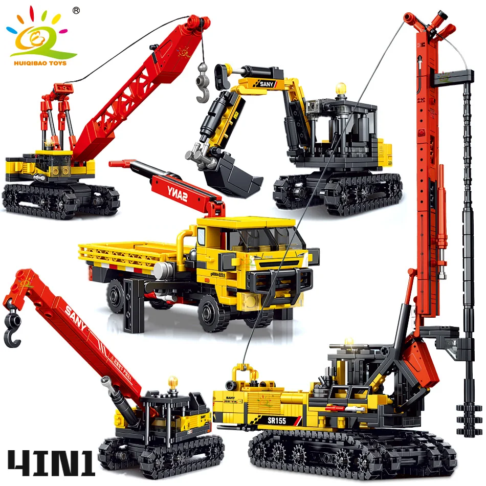 

HUIQIBAO 884PCS 4in1 Engineering Piling Machine Building Block Crane Excavator Car City Construction MOC Bricks Set For Children