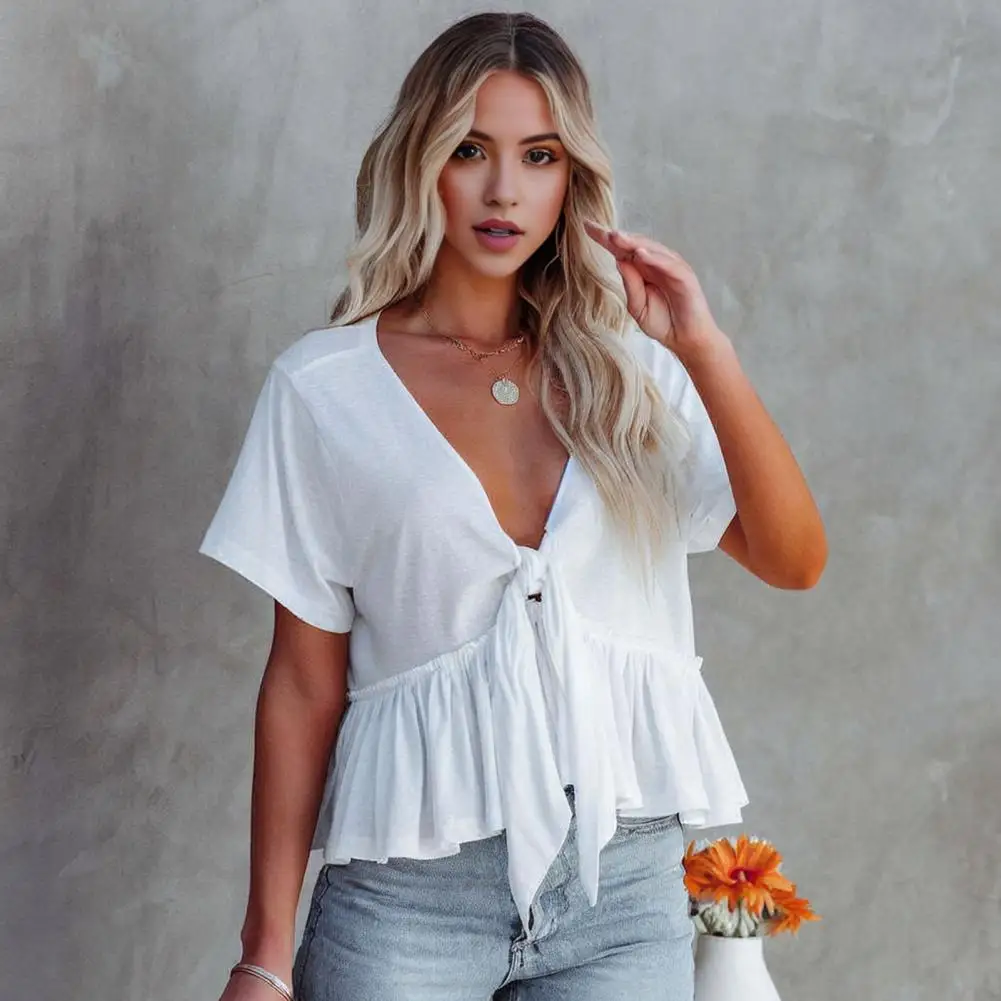 

Women T-shirt V-Neck Short Sleeve Summer Tops Casual T-shirt Knot Design Tee Shirt Ruffle Hem Loose Fit Tee Tops Summer Blouse