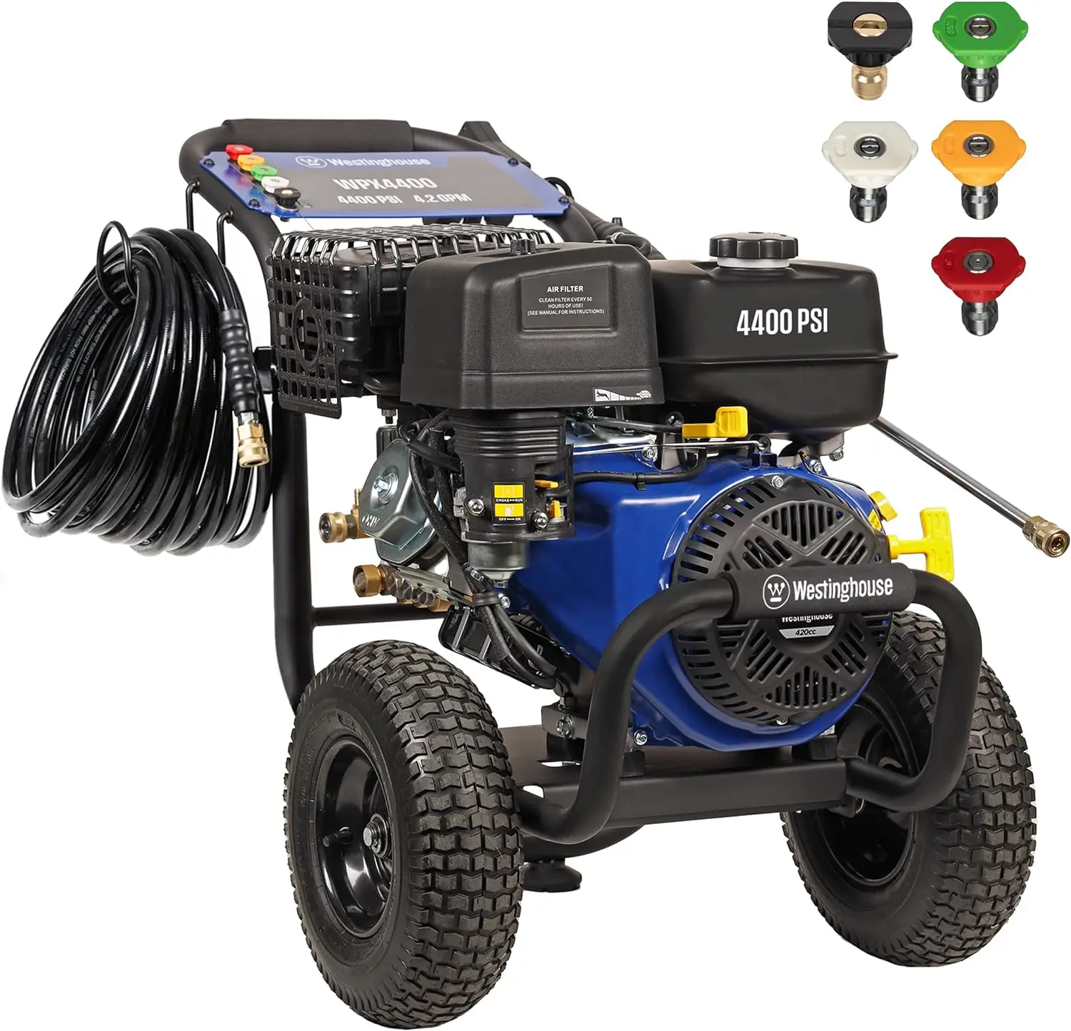 

Westinghouse WPX4400 Gas Pressure Washer, 4400 PSI and 4.2 Max GPM, Spray Gun and Wand, 5 Nozzle Set, for Cars/Fences/Driveways
