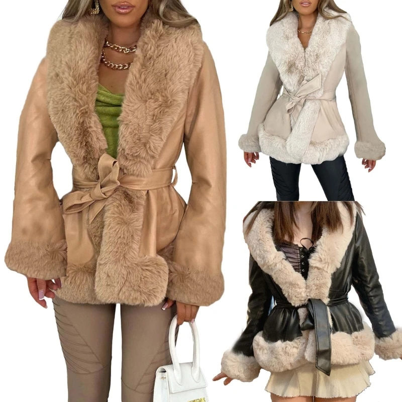 Women's Faux Leathers with Faux Furs Collar Belted V Neck Long Sleeve Parka Warm Winter Coat Outerwear Dropship