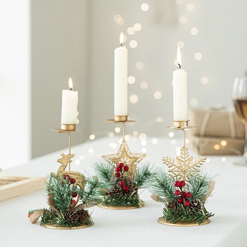 

Iron Art Christmas Candlestick Snowflake Star Santa Simulation Pine Needle Base Candle Holders New Year Party Table Decorations