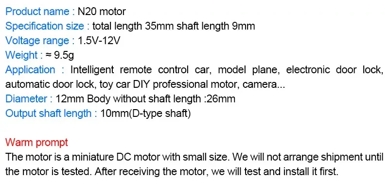 Description Picture 4 of itemGA12-N20 Motor 3V 6V 12V Metal Gear Wheel 30RPM 50RPM 60RPM 100RPM 150RPM 200RPM 300RPM 600RPM 1000RPM Micro DC Motors