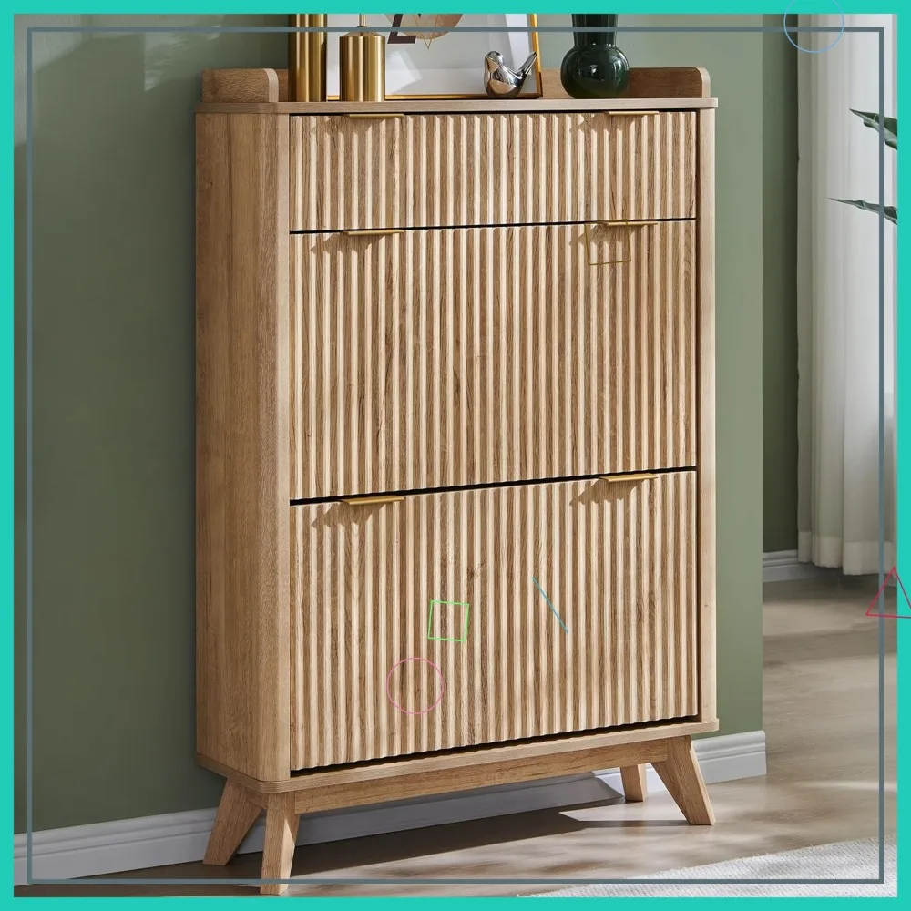 48" Tall Narrow Shoe Cabinet with Flip Drawers, Curved Fluted Design, Wooden Shoe Organizer for Entryway - Natural Oak