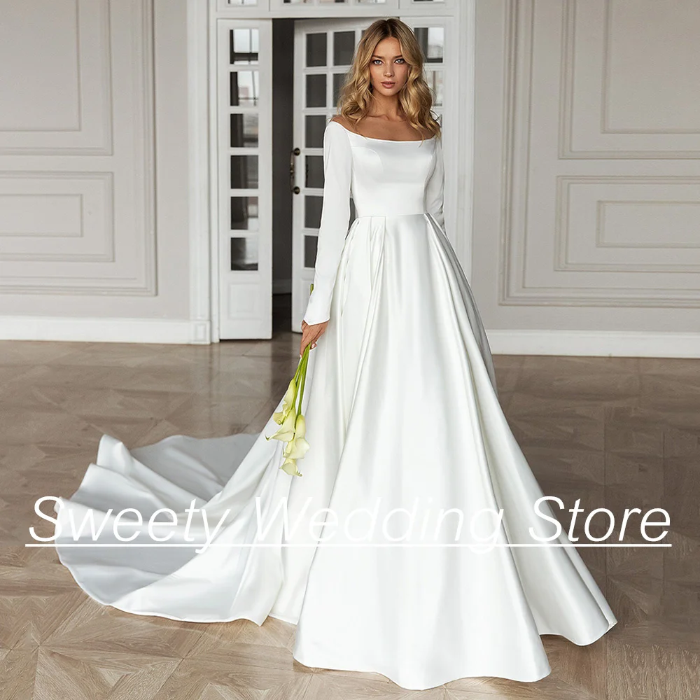 

Modern Simple Wedding Dress for Woman Vestidos De Novia Long Sleeves Sheer Scoop Neck Court Train Satin Bridal Gown Bride