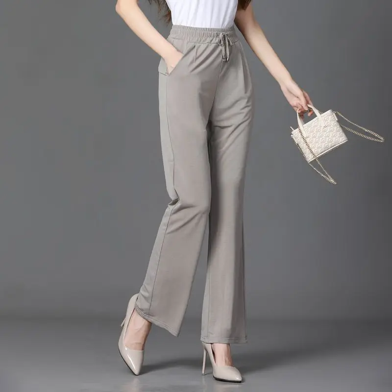 여성용 단색 와이드 레그 팬츠, 얇은 신축성 레이스업 하이 웨이스트, 루즈 캐주얼 스트레이트 팬츠, 한국 패션, 봄 여름, 5XL, 신상