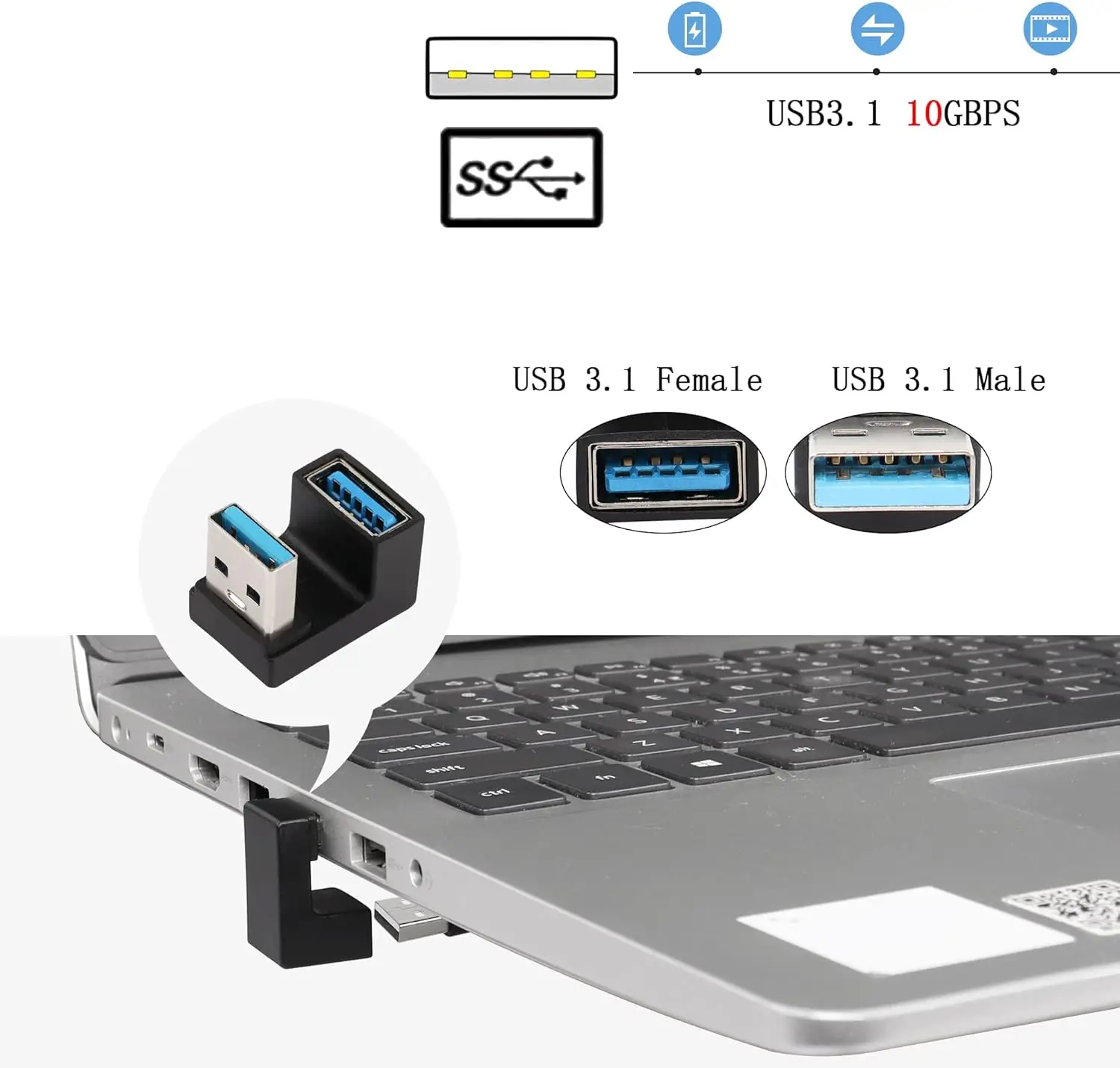 10Gbps USB 3.1 남성-여성 어댑터, U자형 USB 연장 커넥터, USB 3.0/2.0 장치와 호환 가능