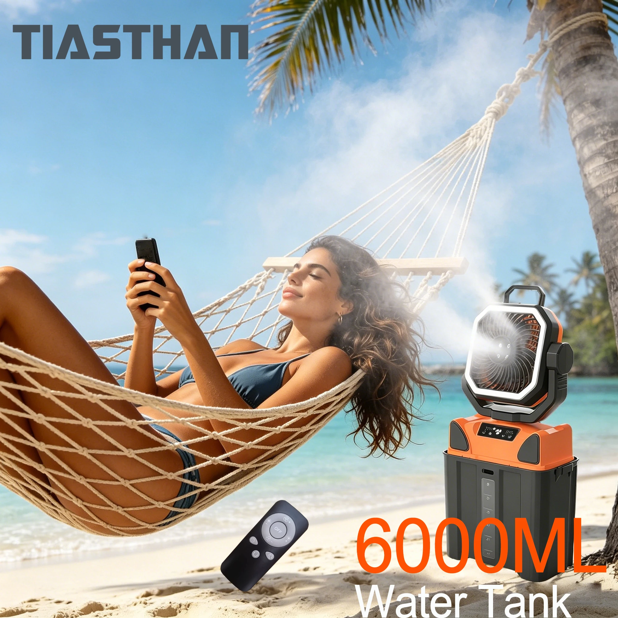 Ventilateur de camping portable 30000 mAh avec pulvérisation d'eau à 4 buses, autonomie complète de 6 heures – Ventilateur de camping électrique extérieur avec réservoir d'eau de 6 L 1