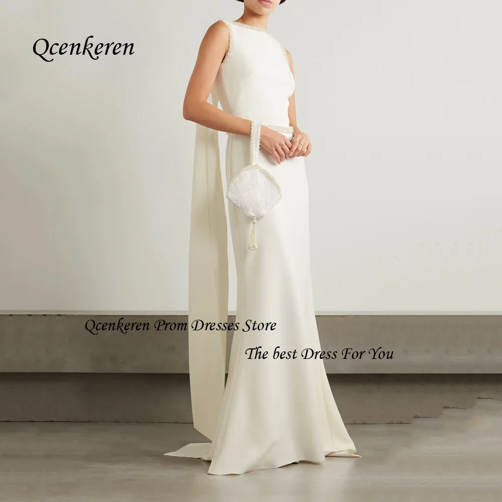 

Qcenkern Ivory Boat Neck Prom Gown Slim Crepe Beading Mermaid Evening Gown Floor-Length Sleeveless Party Dubai Gown