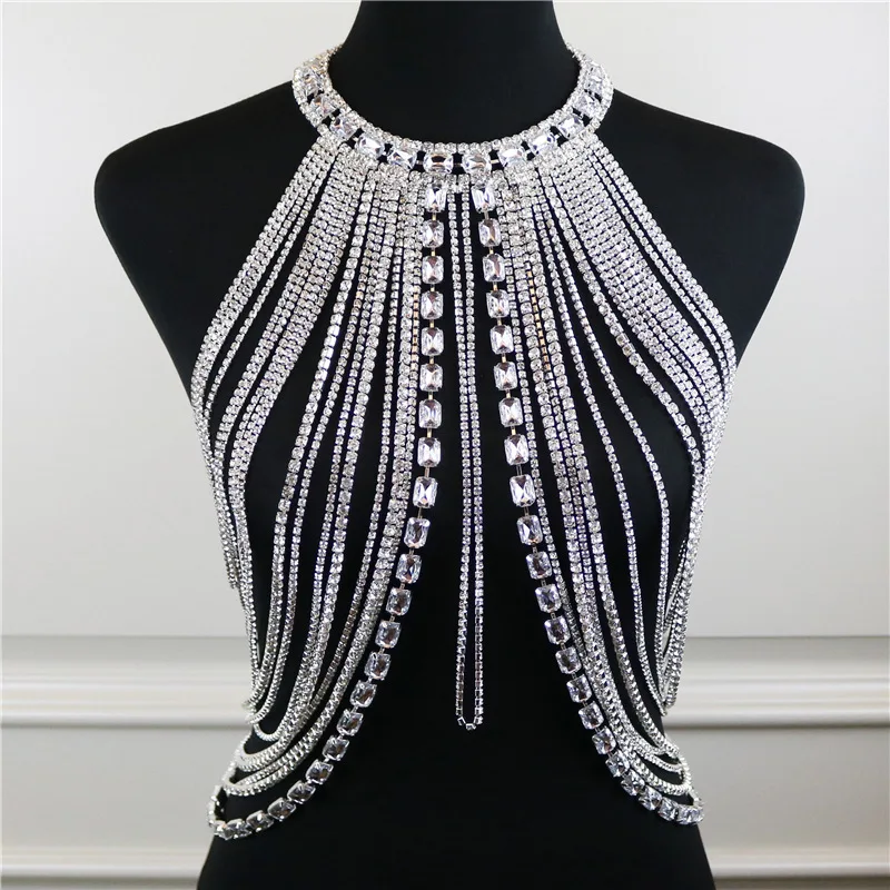 Luxury Body Jewelry Chain Harness Bikini Chest Necklace Rhinestone Crystal  Bra