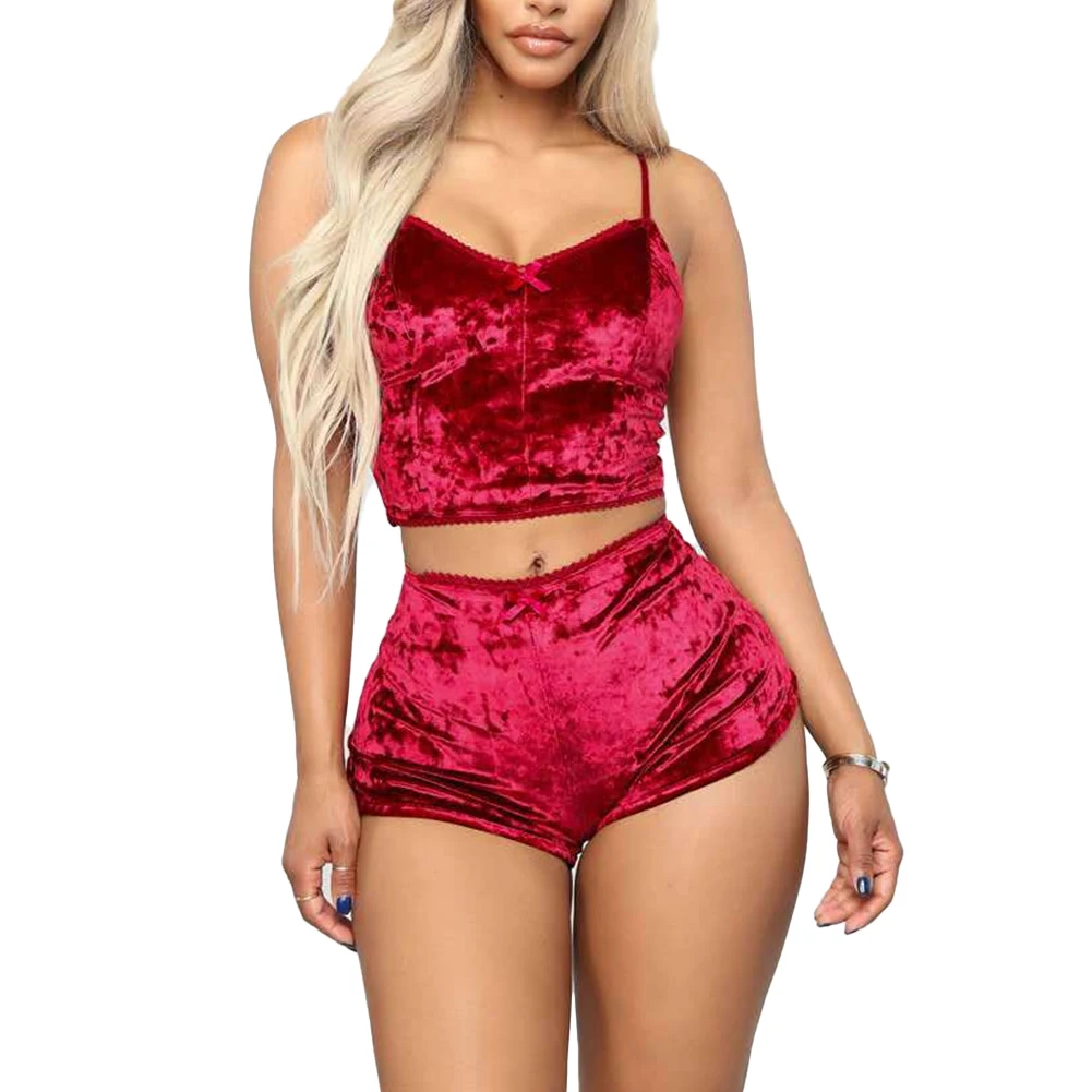 Frauen Sexy Dessous Set Öl Glänzende Nachtwäsche Super Weiche Kurze Nachtwäsche Ärmel Crop Tops Solide Shorts Pyjamas Set Casual Wear – Detail 4
