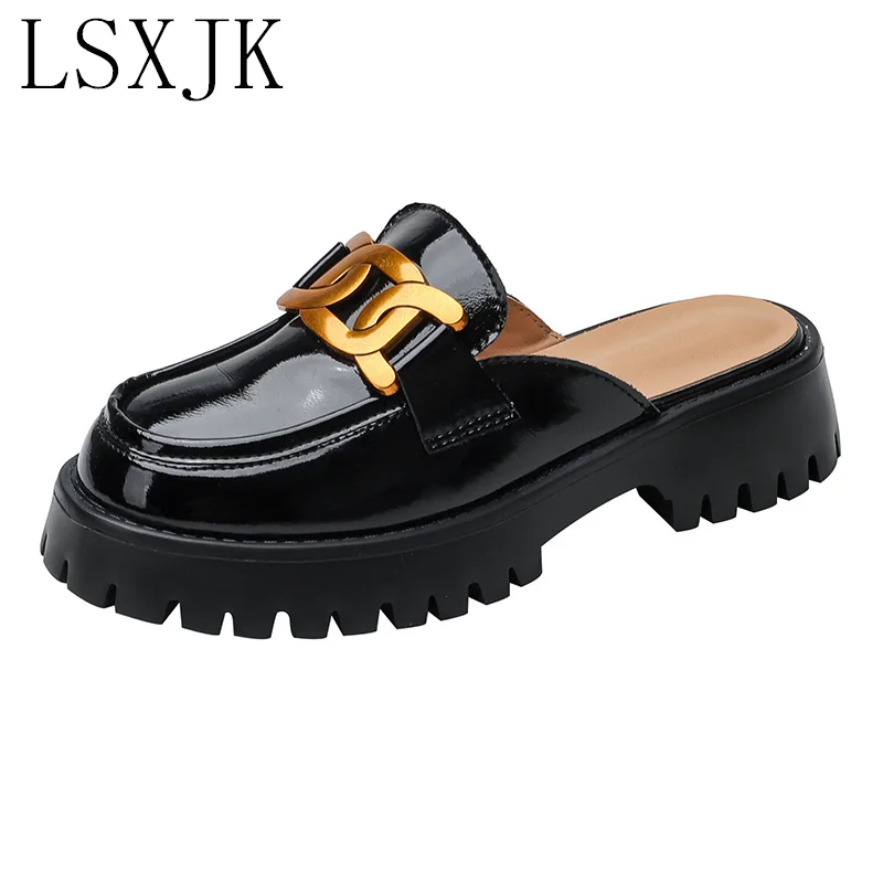 

LSXJK Luxury Designer 2022 New British Style Leather Loafers Outside Wear Casual Lazy One Pedal Metal Buckle Baotou Half Drag