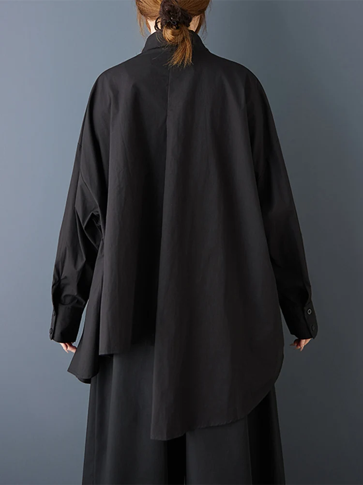 2025 Spring Autumn New Black Vintage Asymmetrical Oversized Shirt Women New Long Sleeve Loose Casual Blouse Top Fashion Clothing