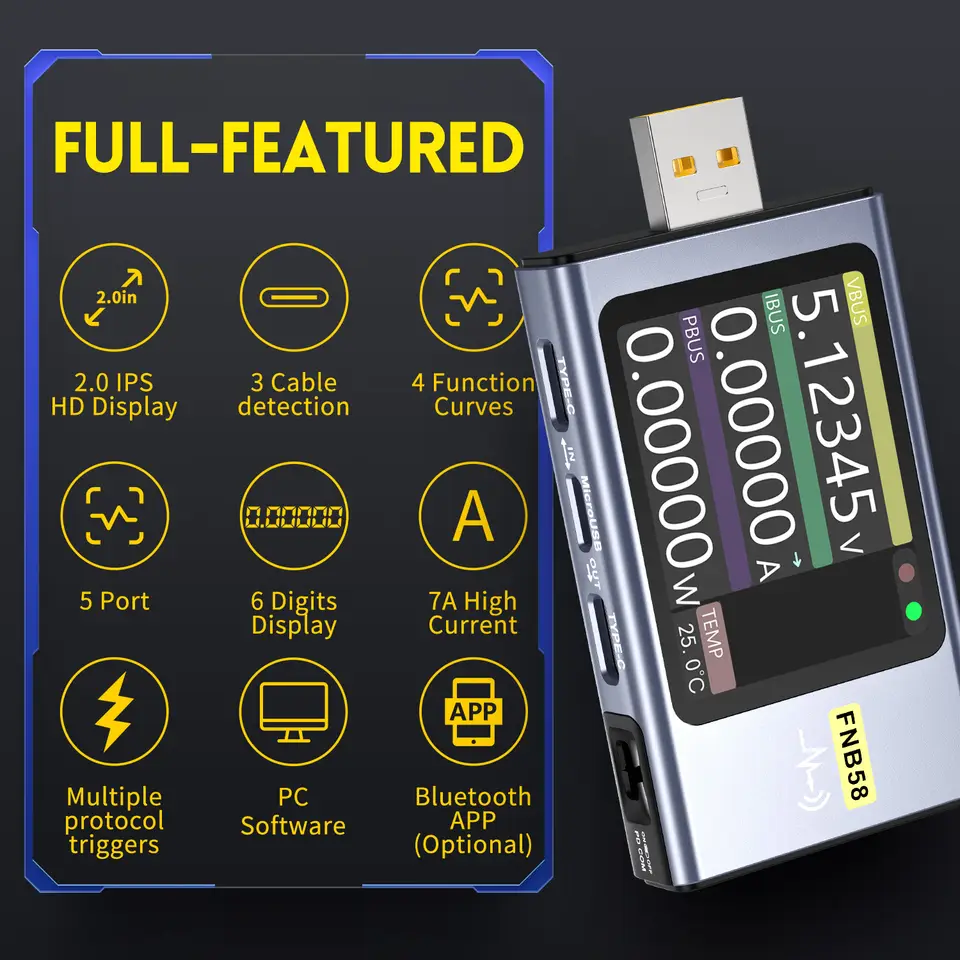 FNIRSI FNB58 Tester, Voltmeter, Ammeter, USB Tester Power Loss Detection Equipment Power PD Trigger Detection image 5