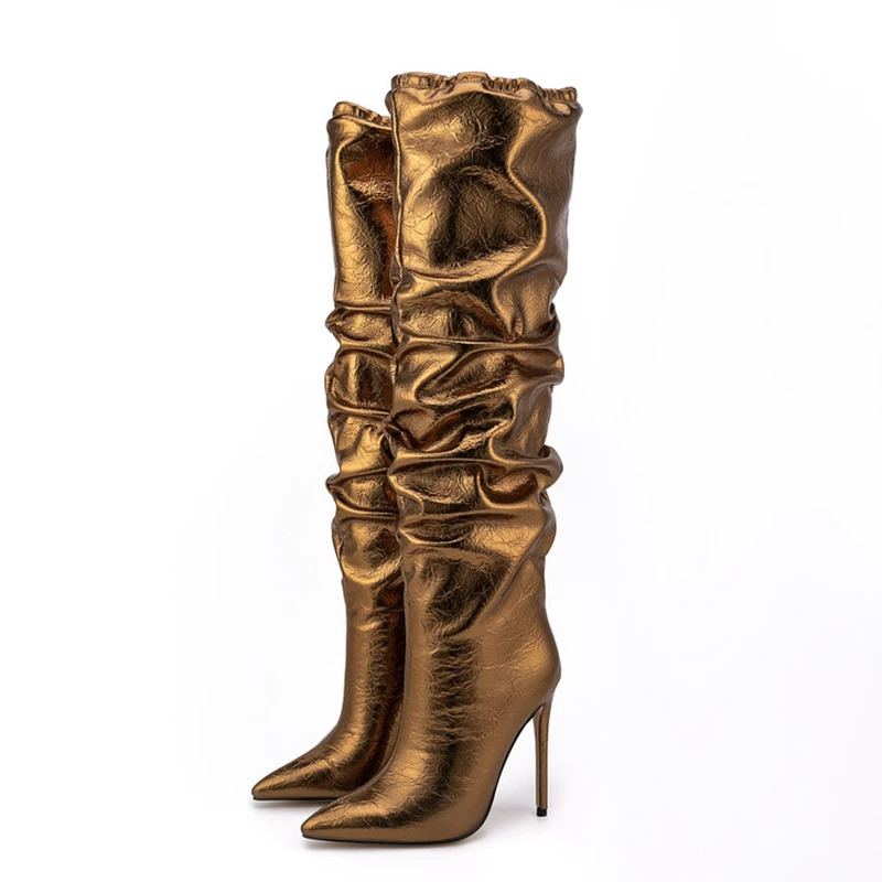 

Big Size 47 Stiletto Style High Slim Heels Shoes Women Pointed Toe Pleated Knee High Boots Slip On Top Stretch Long Booties