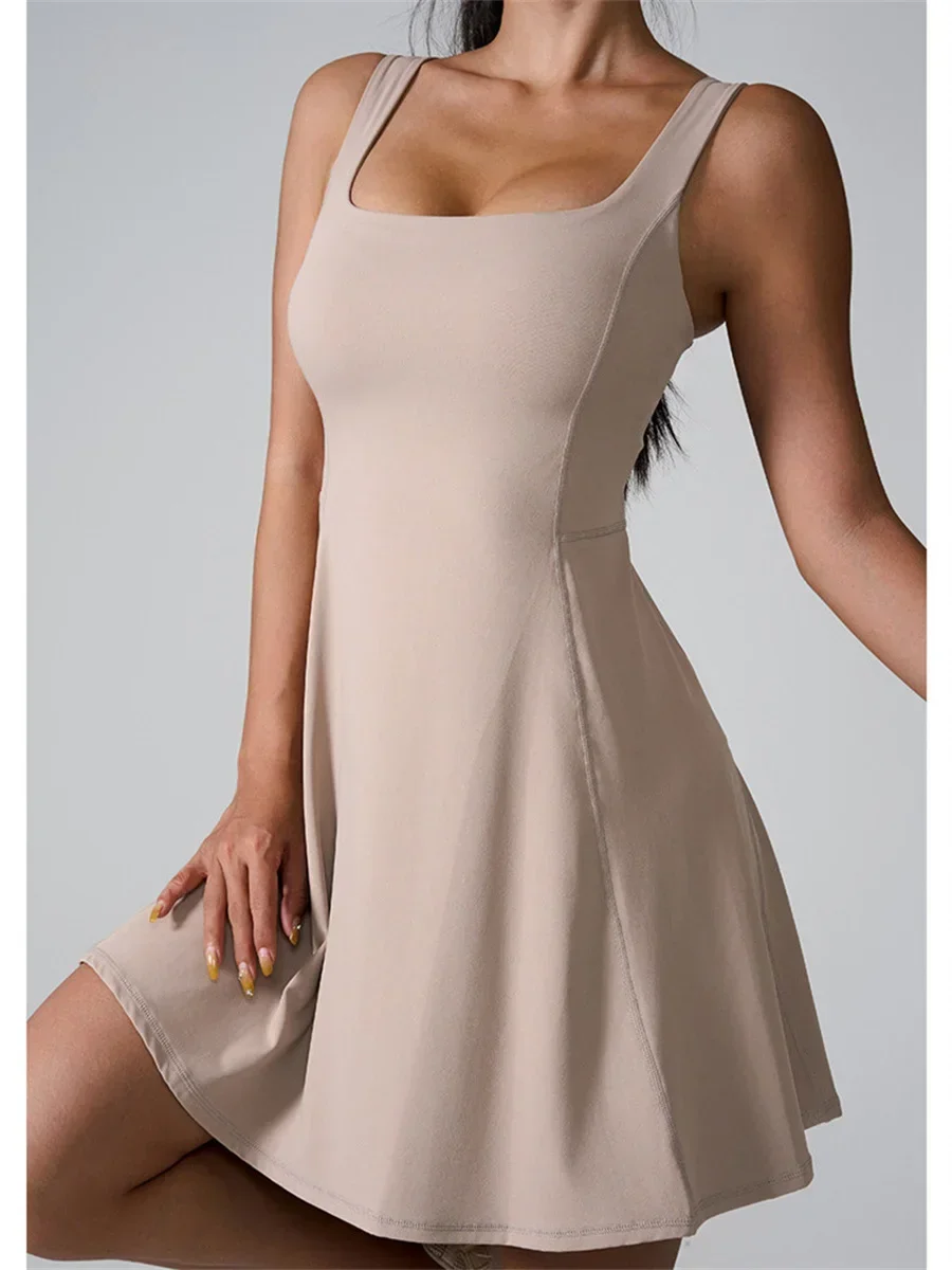 Women Tennis Dress One-Pieces Slim Fit Soft Sports Pocket Skort Yoga Suit Outdoor Sleeveless Fitness Running Pad Fitness Dresses
