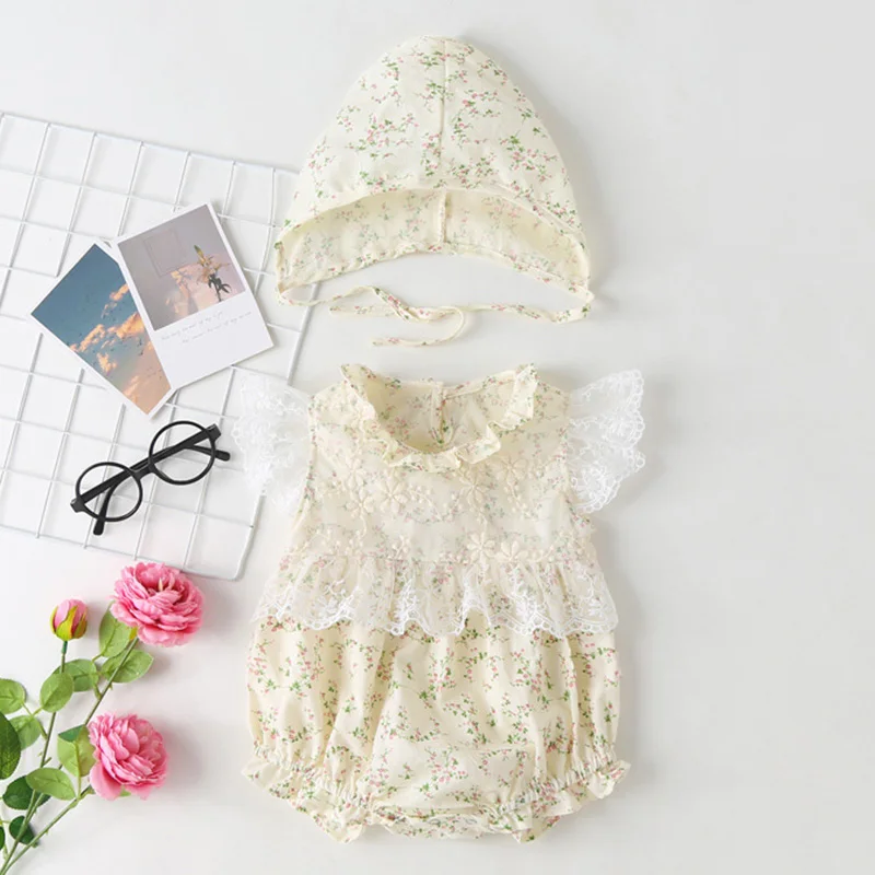 

2024 New Summer Children Clothes Newborn Baby Girl Romper+Hat Flying Sleeve Cotton Printing Lace Splicing Toddler Baby Jumpsuit