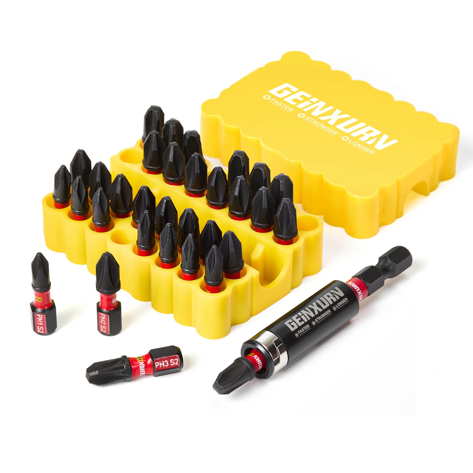 Geinxurn Impact Phillips Screwdriver Bits Set, 33Pcs 1”Magnetic(PH) S2 Steel Multi Cross Driver Bits and 1 Pc Bit Holder with Ye