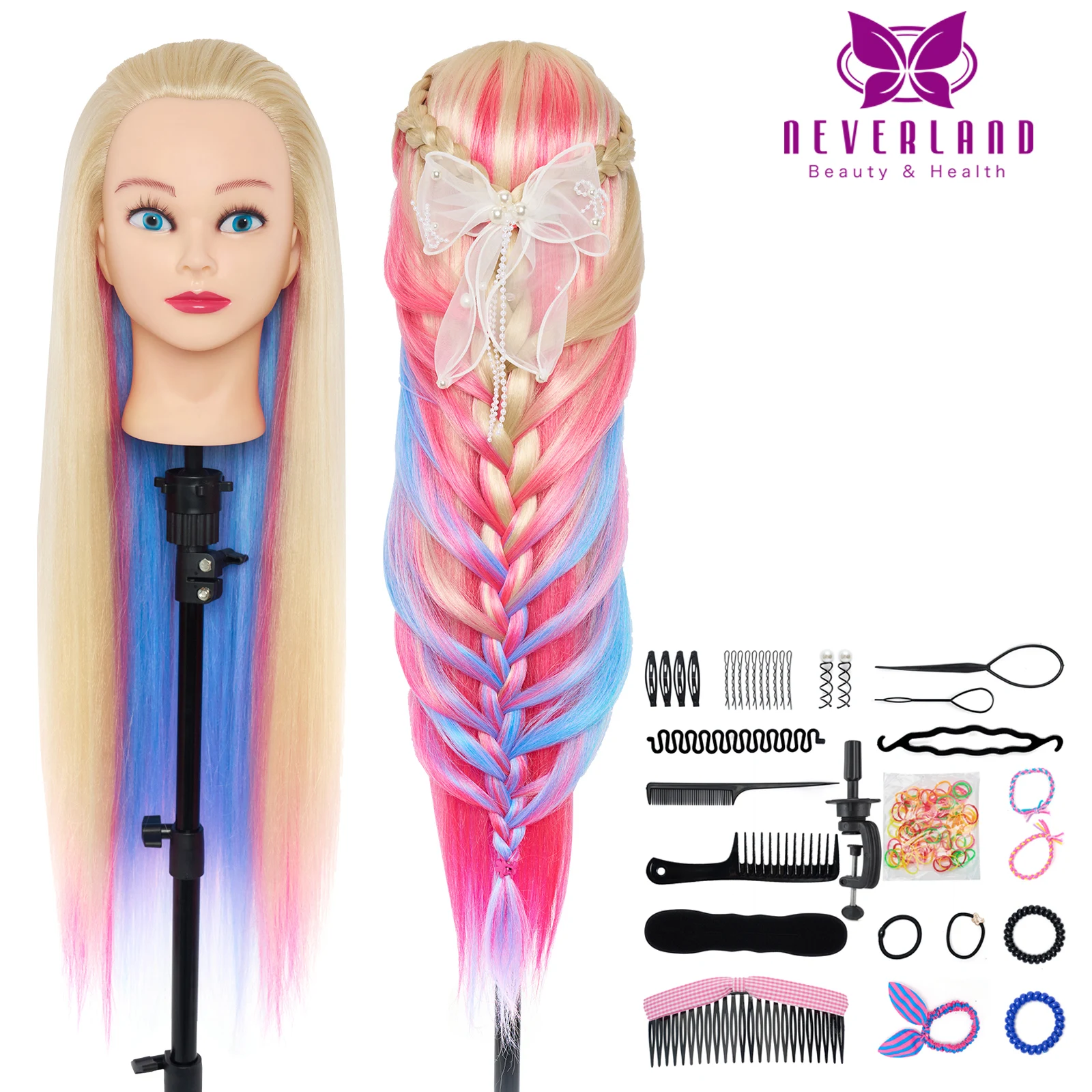 

NEVERLAND Doll Head 28 Inch Colorful Synthetic Hair Mannequin Head Long Hair Hairstyles Professional Practice Training Head Kit